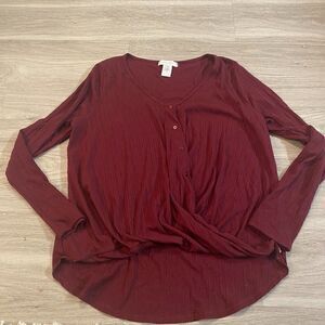 White Willow Womens Maroon Long Sleeves Button Front Stretch Blouse Top Size L